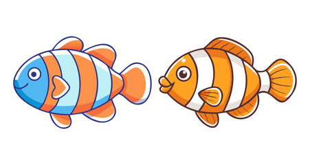 Cute orange and blue clownfish swimming together cartoon style