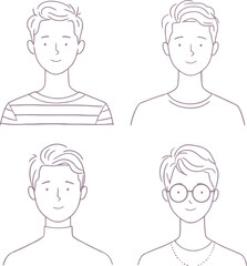 Minimalist portrait icon set with diverse hairstyles, clothing, and accessories in clean black line style