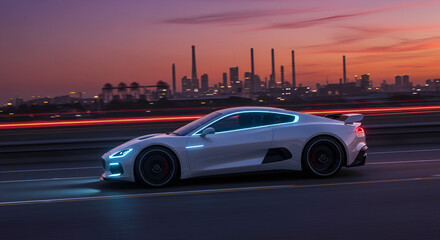 Sleek white sports car speeding on highway at dusk with city skyline background, dynamic modern design