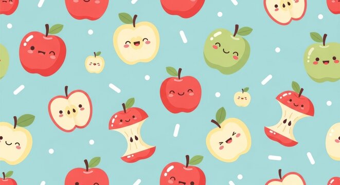 Cute apple pattern whole, sliced, and eaten apples with happy faces on blue