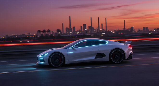 Sleek white sports car speeding on highway at dusk with city skyline background, dynamic modern design