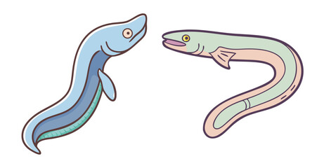 Two cartoon eels swimming together illustrating aquatic life