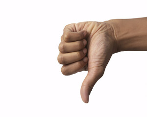Expressing disapproval or rejection with a clear thumbs down gesture against a clean white background