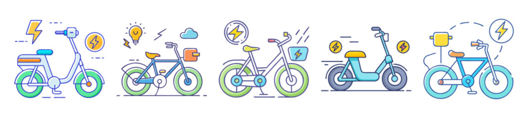 Collection of abstract electric bikes with vibrant watercolor splashes