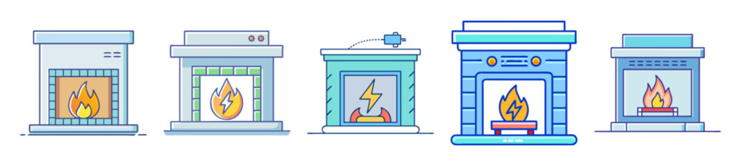 Collection of electric fireplace icons with realistic flame effect