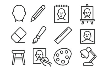 Portrait Drawing Icons. Portrait drawing. Line outline icon set of portrait drawing: face outline, pencil,