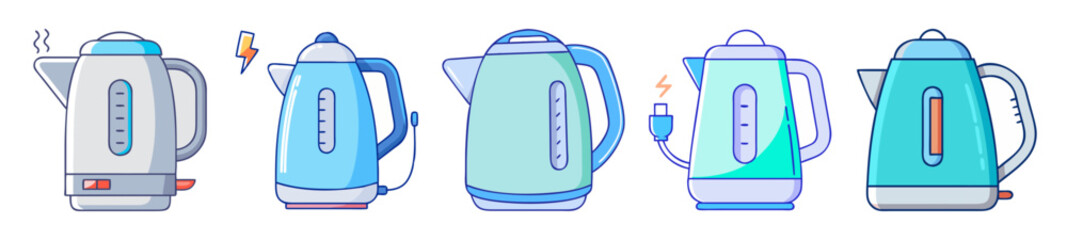 Collection of five modern electric kettles in various colors