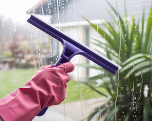Woman's hand in pink glove cleaning rainy window with purple squeegee, bringing clarity and sparkle to your home.