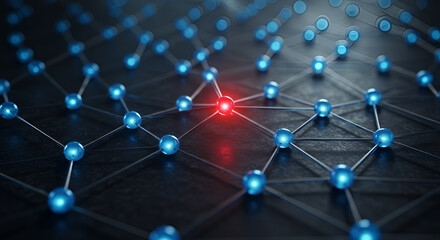 Dynamic network connection with glowing spheres and a central red node symbolizes data flow and technological innovation with a modern feel