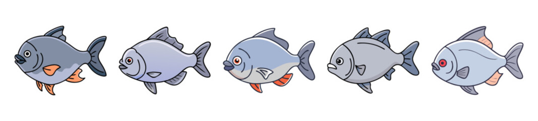 Five distinct pacu fish swim in a stylized underwater scene colorful accents
