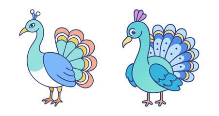 Two adorable cartoon peacocks displaying their colorful plumes