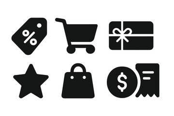 Black Friday Icons. Special offers. Filled icon set of Special offers: discount tag, shopping cart, gift card,