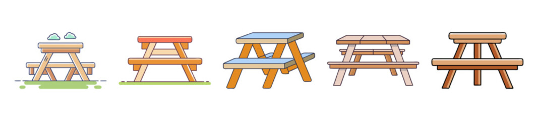 A row of five abstract wireframe picnic tables viewed from above detailed and intricate