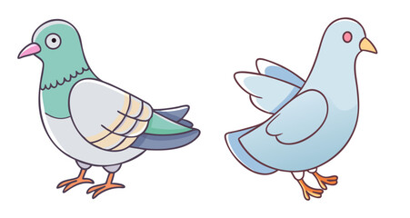 Two detailed black and white graphic drawings of pigeons side by side showcasing their plumage and form
