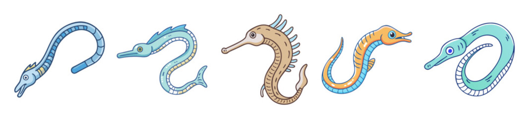 Five pipefish swimming gracefully in a vibrant aquatic environment