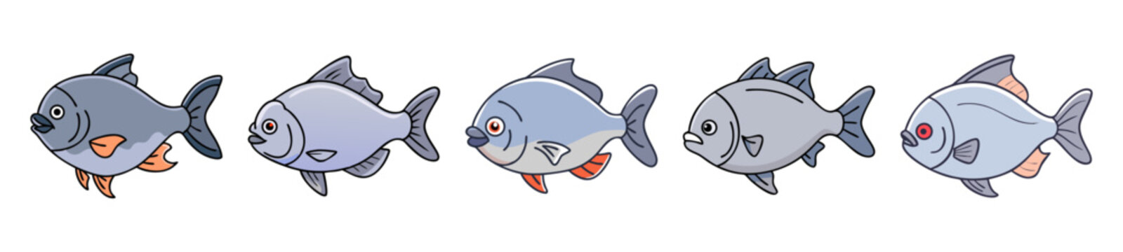 Five distinct pacu fish swim in a stylized underwater scene colorful accents
