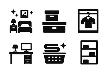Home Organization Icons. Home organization. Filled icon set of home organization: tidy room, storage boxes,