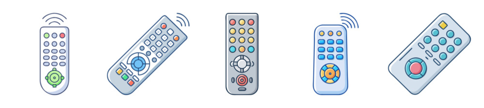 Collection of various electronic device remote controls showing buttons and designs
