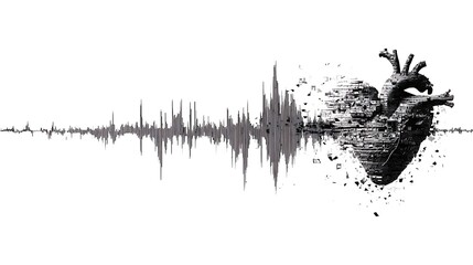Anatomical heart transforming into sound waves on white background