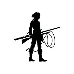 Silhouette of a person holding weapons against white background