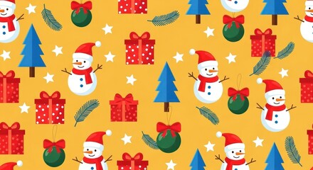 Festive Christmas seamless pattern gifts, snowmen, trees, ornaments, stars