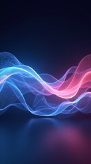 Abstract digital waves of blue and pink energy swirl against a dark gradient background, creating a dynamic, futuristic visual with glowing particles and smooth motion lines.
