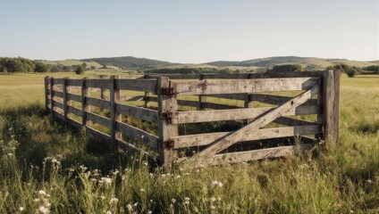 A weathered wooden fence enclosure stands in a sunlit field, rolling hills in the distance