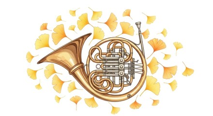 Golden French horn encircled by scattered yellow ginkgo leaves on white