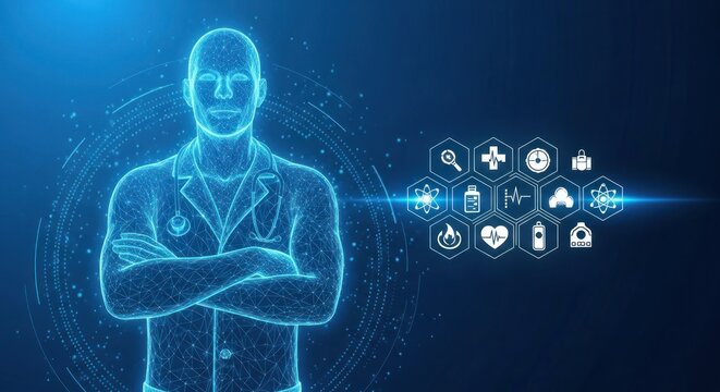 Digital doctor hologram with healthcare icons on a dark blue backdrop