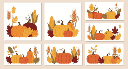 Fototapeta premium Autumn Harvest Pumpkins and Corn with Wheat and Fall Leaves Flat Vector Set