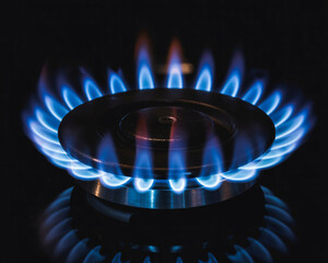 Vibrant blue gas stove flame ignites with intense heat, creating a mesmerizing dance of fire and light on a dark reflective surface.