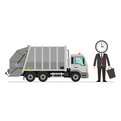 Grey truck and man with clock head holding briefcase