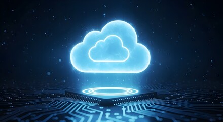 Futuristic glowing blue cloud computing icon hovering above a digital circuit board with data streams