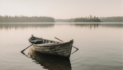 Fototapeta premium A weathered rowboat sits on still water, early morning mist hangs over a distant shoreline