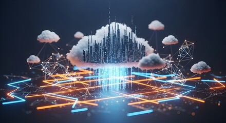 Abstract digital cloud computing concept with glowing neon lines and data streams emanating upwards