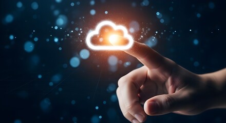 Human finger touching a glowing digital cloud icon representing cloud computing and data storage technology concept