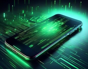 a smartphone with an abstract digital background of glowing green matrix code a futuristic concept of cyberspace data streaming and virtual network security