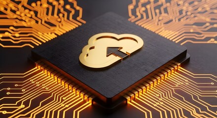 Golden cloud computing symbol with upward arrow on black square against glowing orange circuit board background