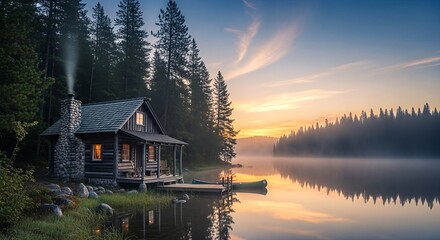 Fototapeta premium Picturesque lakeside cabin at dawn with mist rising from the water and serene atmosphere