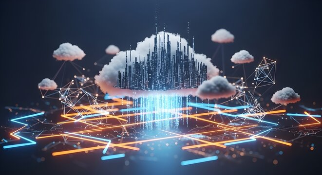 Abstract digital cloud computing concept with glowing neon lines and data streams emanating upwards - Powered by Adobe