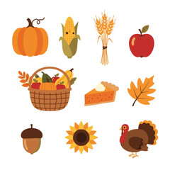 Autumn Thanksgiving Elements Vector Flat Design Collection for Holiday and Harvest Celebration