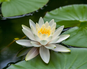 Elegant white water lily blooms serenely on dark tranquil water surrounded by lush green pads, evoking peace and natural beauty.