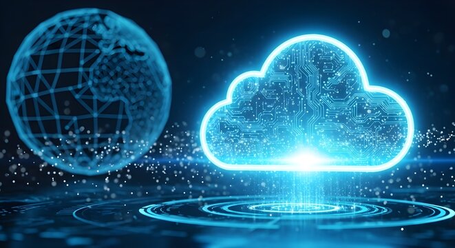 Futuristic digital cloud computing and global network technology with abstract data streams and earth globe - Powered by Adobe