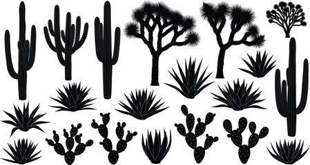 Desert plant silhouette vector illustration, black and white, cactus and agave icons, wild flora shapes, nature theme, botanical graphic, arid landscape design © MD. NUR ISLAM