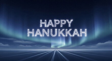 Festive 'Happy Hanukkah' graphic perfect for greeting cards, social media, or holiday event promotions. Features shimmering text with aurora lights on blue backdrop. Celebrate Hanukkah!