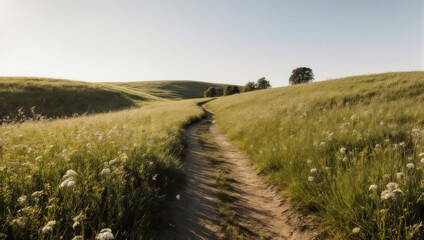 Obraz premium A winding dirt path meanders through rolling, grassy hills under a clear, sunny sky