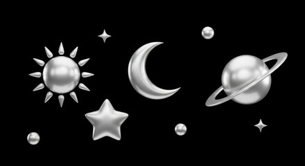 Silver 3D planets, sun, moon, stars in black space, minimalist