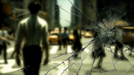 Abstract concept of stress and anxiety in a modern metropolis, viewed through a fractured, shattered window