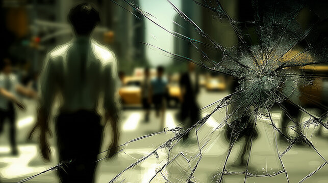 Abstract concept of stress and anxiety in a modern metropolis, viewed through a fractured, shattered window