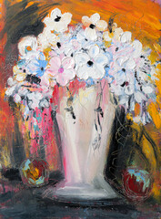 Fototapeta premium White flowers in vase, oil painting with dark background